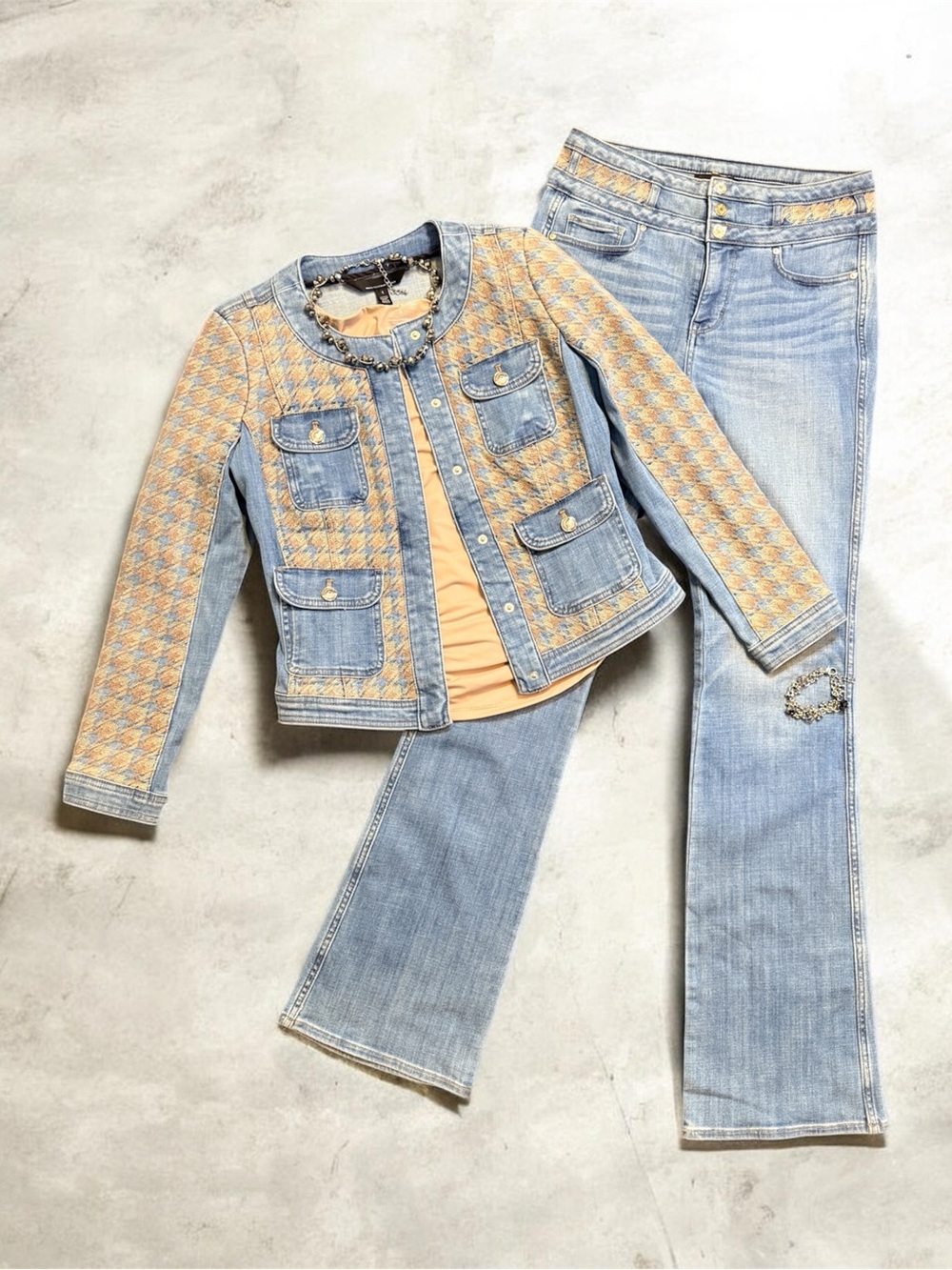 White House Black Market Light Blue Denim & Peach Tweed Jacket